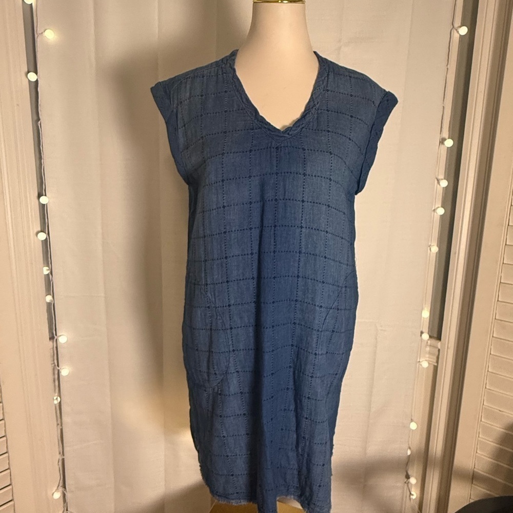 Cloth & Stone Blue Grid Stitch Sleeveless Shift Dress Size Small 100% Cotton